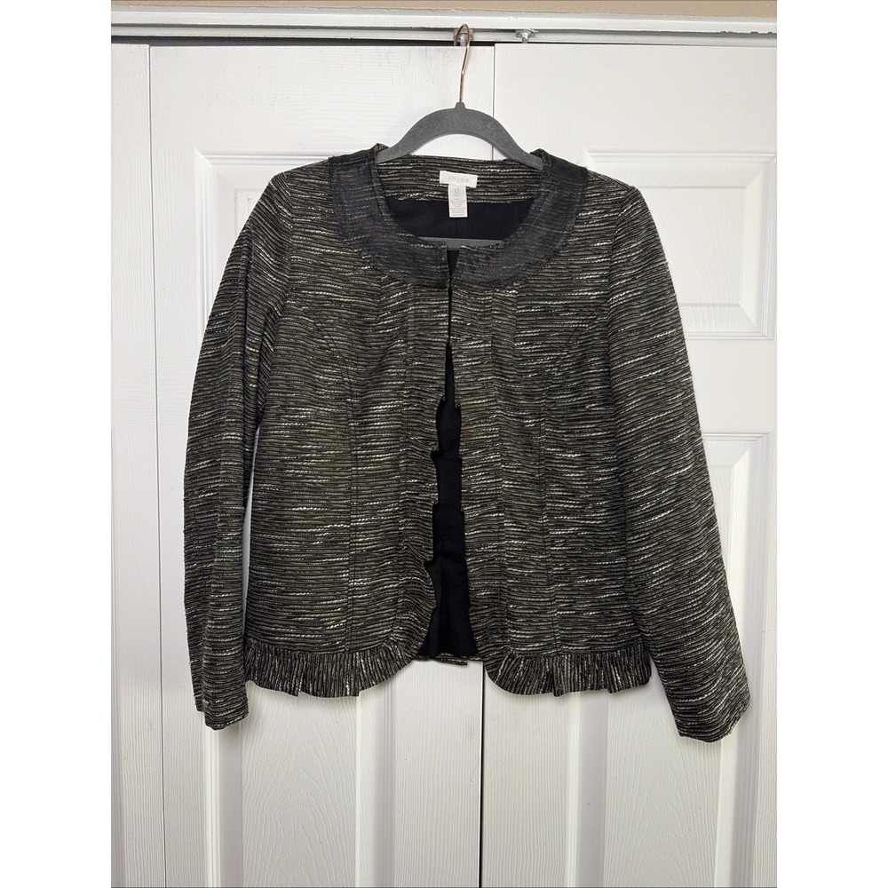 Chico's 0 Tweed Ruffle Hem Blazer Womens‎ Size Small Black Career Bolero Classic